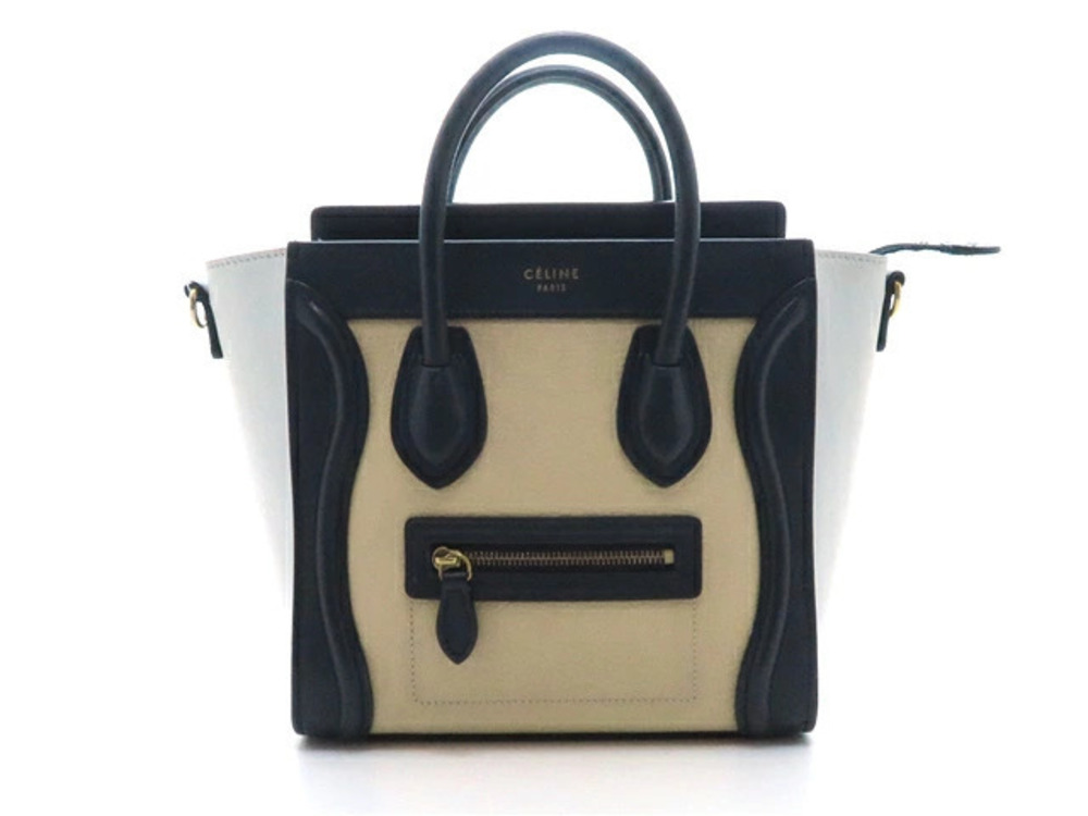 Celine Luggage Tote Shopper Tote Bag Calfskin White Navy Blue Cream